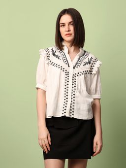ONLY - Women White Regular Fit Mandarin Collar Top