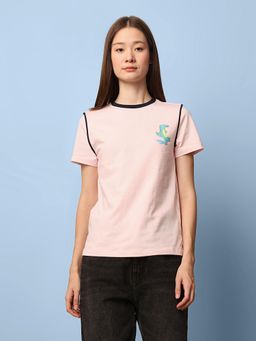 ONLY - Pink Contrast Stitch Cotton T-shirt