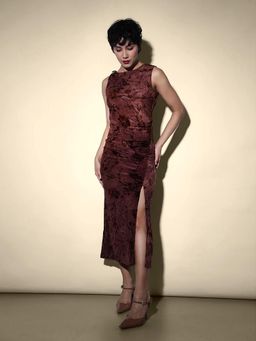 ONLY - Brown Printed High Slit Velour Dress