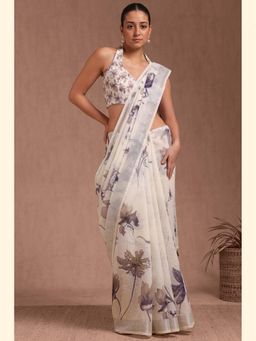 Soch - Women Cream Linen Printed Saree with Unstitched Blouse Piece
