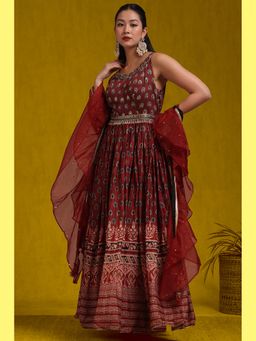 Soch - Women Maroon Floral Print Anarkali Kurta with Belt, Churidar & Dupatta (Set of 3)
