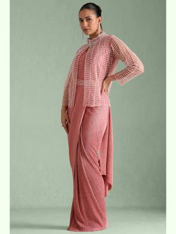 Soch - Women Peach Nylon Blend Solid Ready To Wear Saree with Stitched Blouse & Belt and Jacket