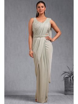 Soch - Women Sap Green Nylon Blend Solid Ready To Wear Saree with Stitched Blouse & Belt