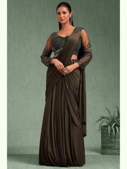 Soch - Women Olive Nylon Blend Solid Ready To Wear Saree with Stitched Blouse