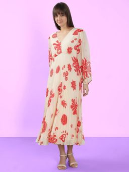 VERO MODA - Beige Printed Pleated Midi Dress