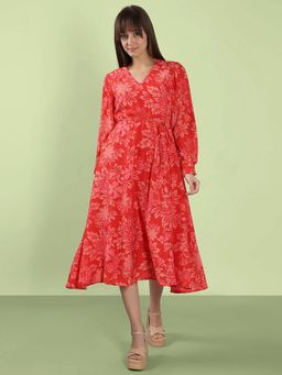 VERO MODA - Red Floral Printed Midi Dress with Belt (Set of 2)