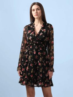 VERO MODA - Black Floral Print Frill Short Dress