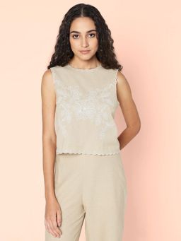 VERO MODA - Beige Sleeveless Embroidered Top