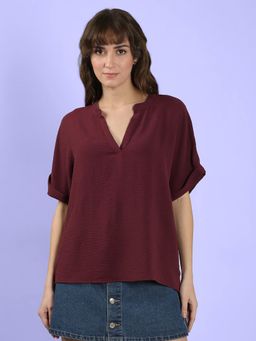 VERO MODA - Wine Mandarin Neck Solid Top