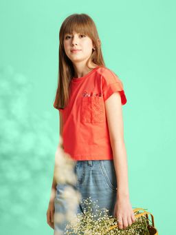 VERO MODA - Girls Embroidery Boxy Fit Orange T-Shirt