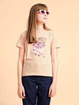 VERO MODA - Girls Floral Print Regular Fit Peach T-Shirt