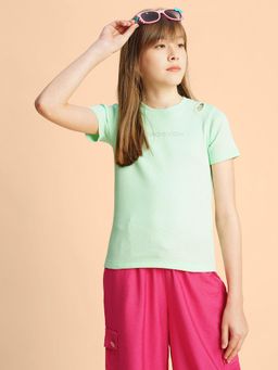 VERO MODA - Girls Typographic Regular Fit Green T-Shirt