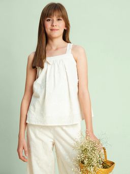 VERO MODA - Girls Floral Self Design A-Line Fit White Top