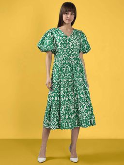 VERO MODA - Green Printed Puff Sleeves Midi Dress