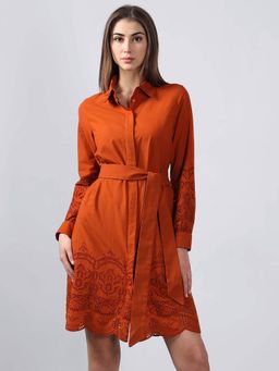 VERO MODA - Rust Schiffli Detail Cotton Dress with Belt