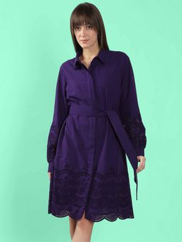 VERO MODA - Purple Schiffli Detail Cotton Dress with Belt