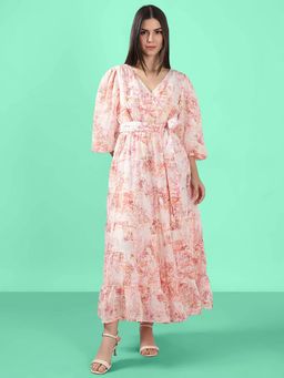 VERO MODA - Pink Floral Print Maxi Dress with Belt