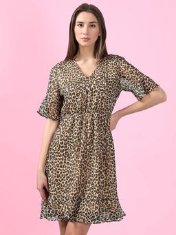 VERO MODA - Beige Animal Print Fit and Flare Dress
