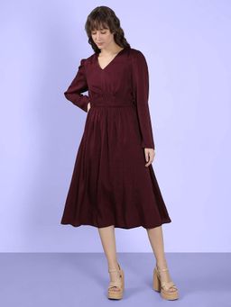 VERO MODA - Maroon V Neck Jacquard Dress