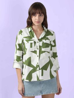 VERO MODA - White Abstract Print Linen Casual Shirt