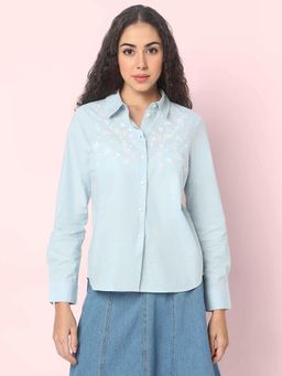 VERO MODA - Light Blue Embroidered Cotton Casual Shirt