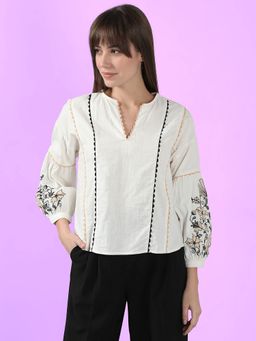 VERO MODA - White Embroidered Three Fourth Sleeves Top