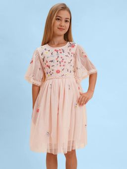 VERO MODA - Girls Embroidery Fit and Flare Pink Dress