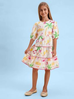 VERO MODA - Girls Graphic Print A-Line Fit White Dress