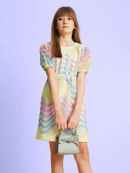 VERO MODA - Girls Abstract A-Line Fit Multi-Color Dress with Belt