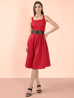 VERO MODA - Red Solid Midi Dress and Belt