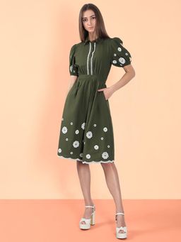 VERO MODA - Green Solid Midi Dress and Belt
