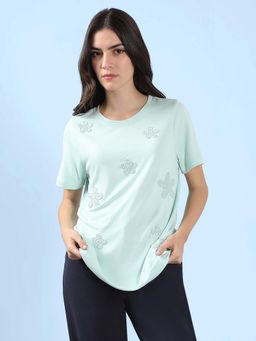VERO MODA - Green Embroidered Regular Fit T-Shirt