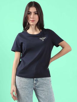 VERO MODA - Navy Blue Embellished Regular Fit T-Shirt