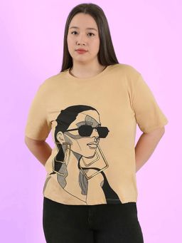 VERO MODA - Beige Printed Regular Fit T-Shirt