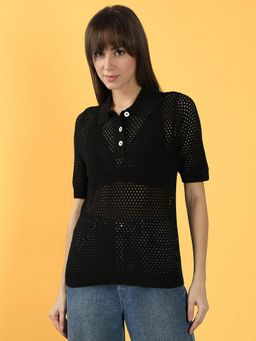 VERO MODA - Women Black Self Design Polo T-Shirt