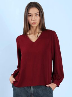 VERO MODA - Dark Maroon V-Neck Top
