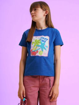 VERO MODA - Girl Graphic Print Regular Fit Blue T-Shirt