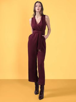VERO MODA - Maroon V Neck Jumpsuit with Belt (Set of 2)