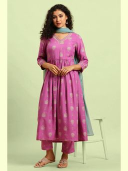 W - Purple Paisley Printed Gathered Kurta, Pants and Dupatta Set