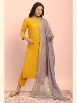 W - Yellow Kurta with Straight Pants & Dupatta (Set of 3)