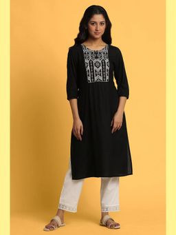 W - Black Solid Rayon Straight Kurta