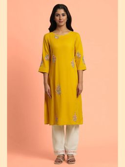 W - Yellow Solid Rayon A-Line Kurta