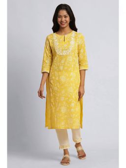 W - Yellow Festive Floral Print Cotton A-Line Kurta