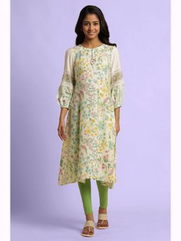 W - Floral Print White Rayon Straight Kurta