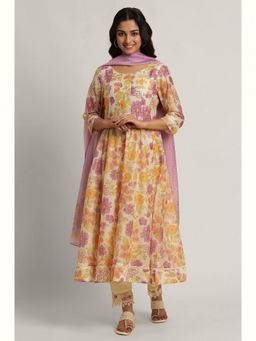 W - Cream Floral Print Viscose Kurta with Slim Pants & Dupatta (Set of 3)