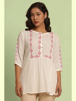 W - Embroidered Print Rayon White Top for Women