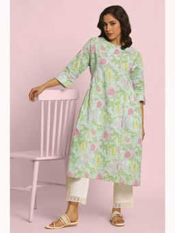 W - Blue Floral Print Cotton A-Line Kurta for Women