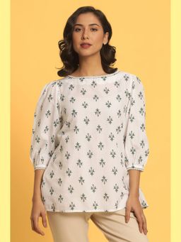 W - Print Cotton White Top for Women