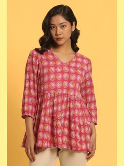 W - Pink Floral Print Cotton Top for Women