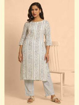 W - Floral Print Viscose White Kurta & Straight Pant for Women (Set of 2)